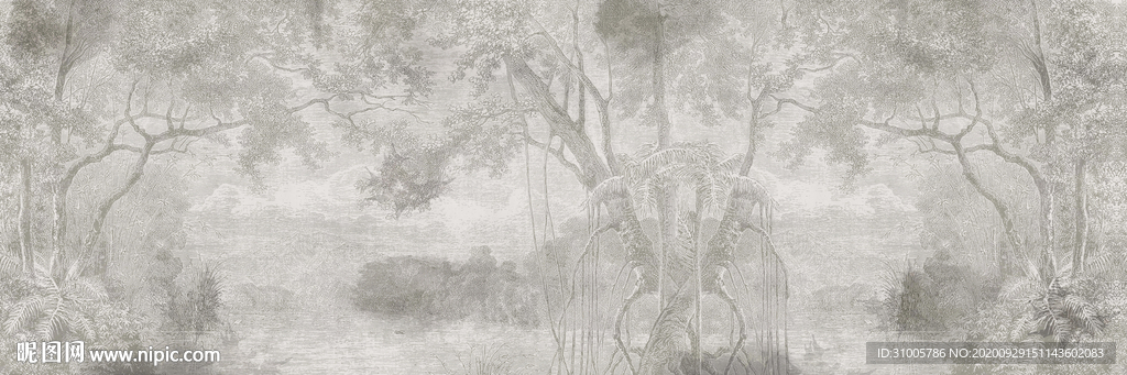 欧式复古雨林西洋画棕榈叶风景