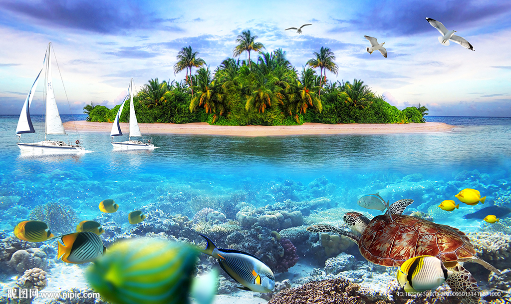 海上小岛海底世界浴室背景墙