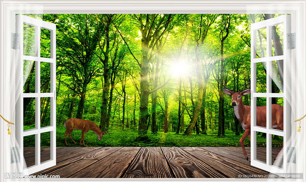 3d窗户抽象树林梅花鹿背景墙