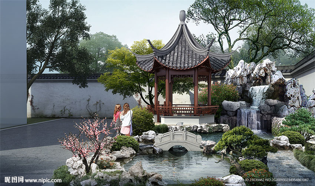 中式庭院假山效果图