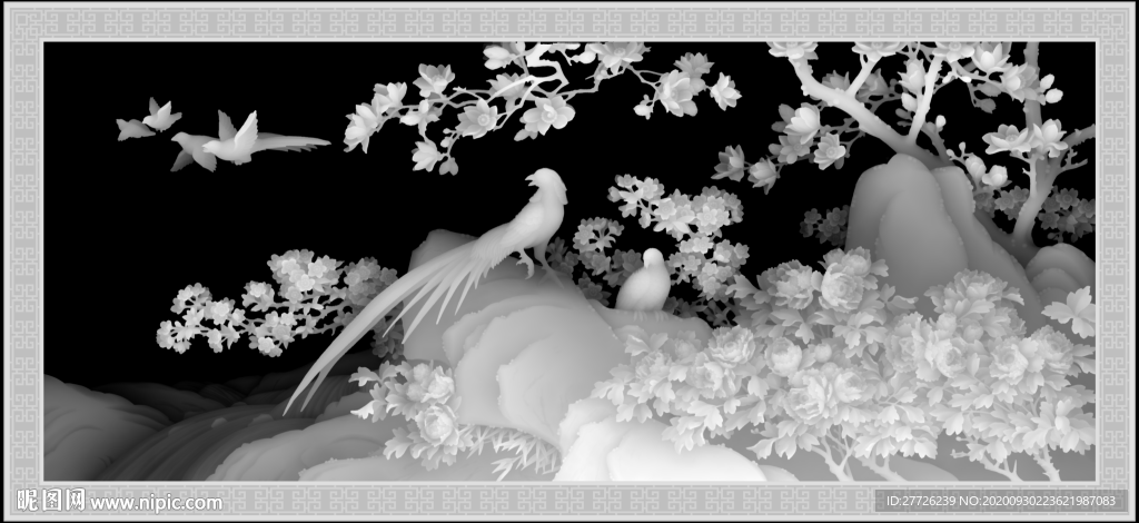 锦鸡牡丹灰度图