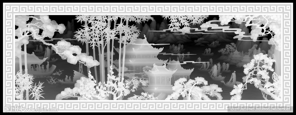 岁寒三友山水灰度图