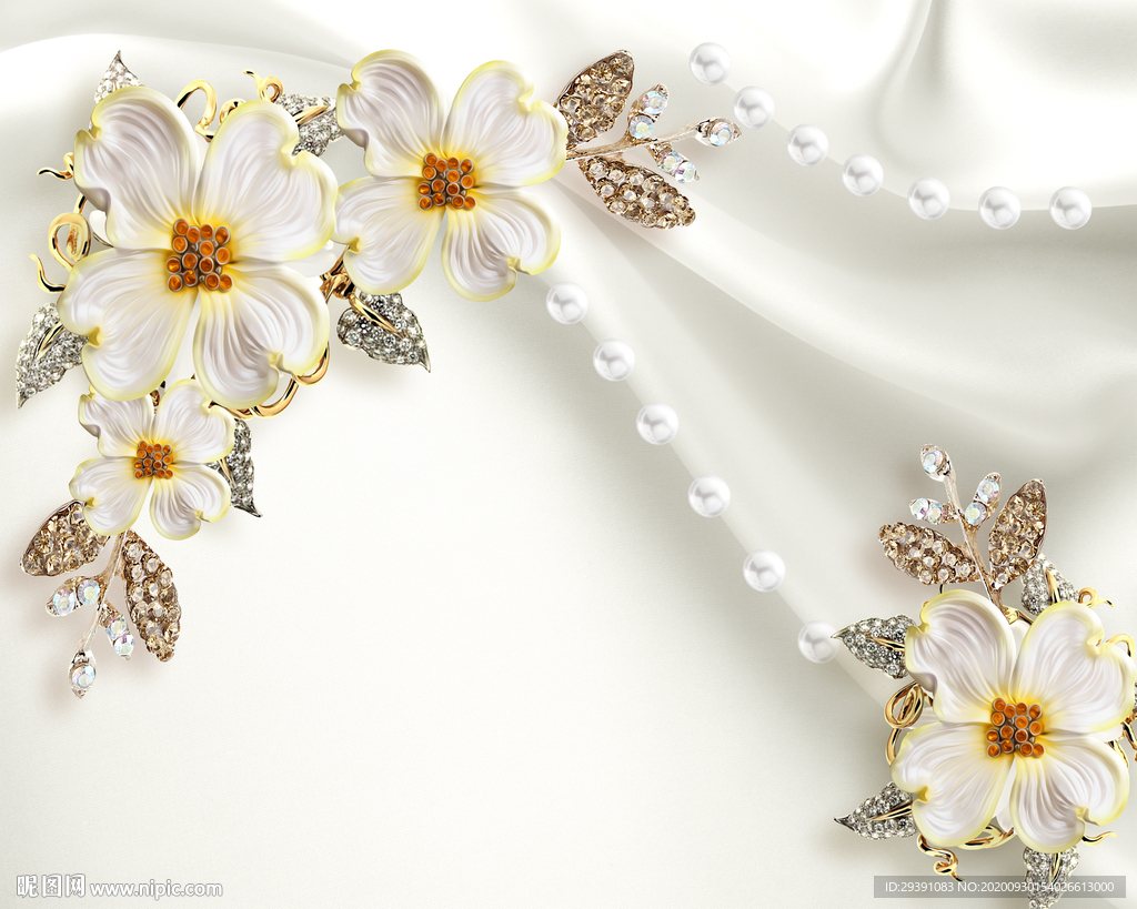 丝绸钻石珠宝3D花朵电视背景墙