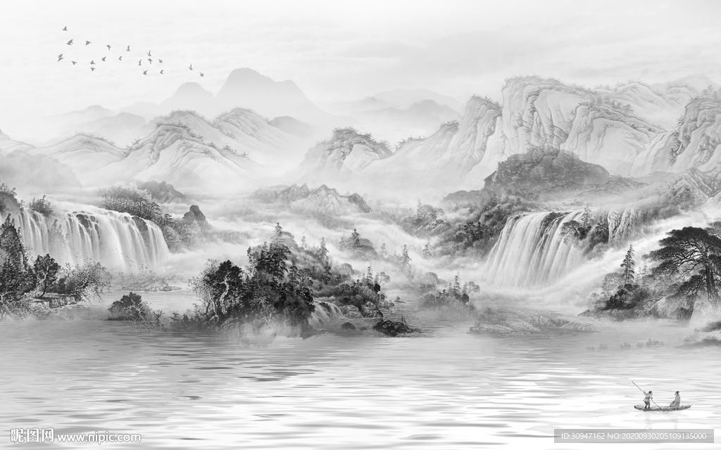 山水高档灰色框画 TIF分层