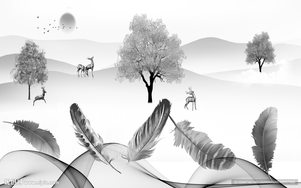羽毛山水灰色框画 TIF分层
