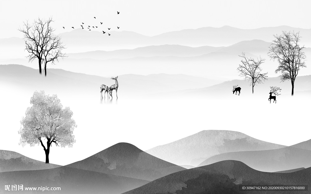 高端山水灰色框画 TIF分层