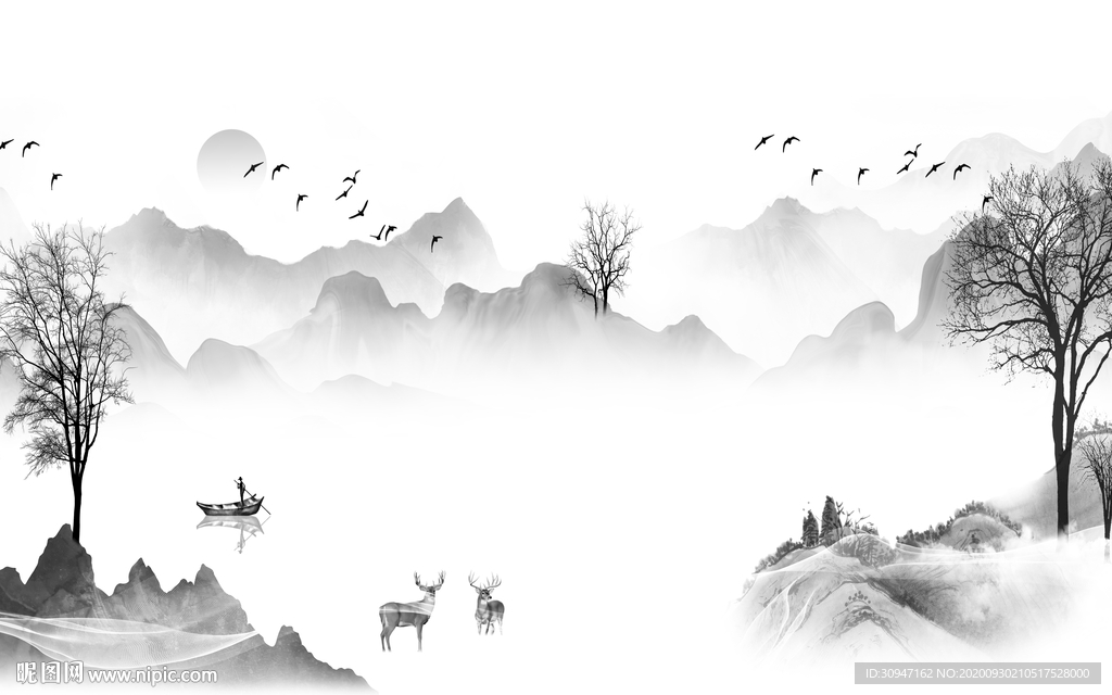 别墅 山水灰色框画 TIF分层