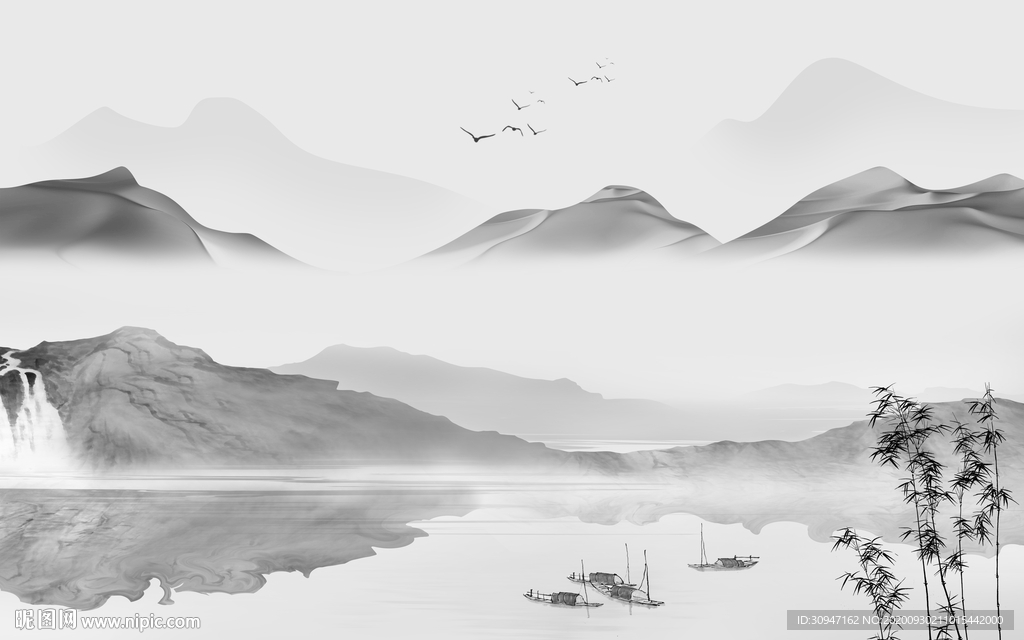 爆款山水灰色框画 TIF分层