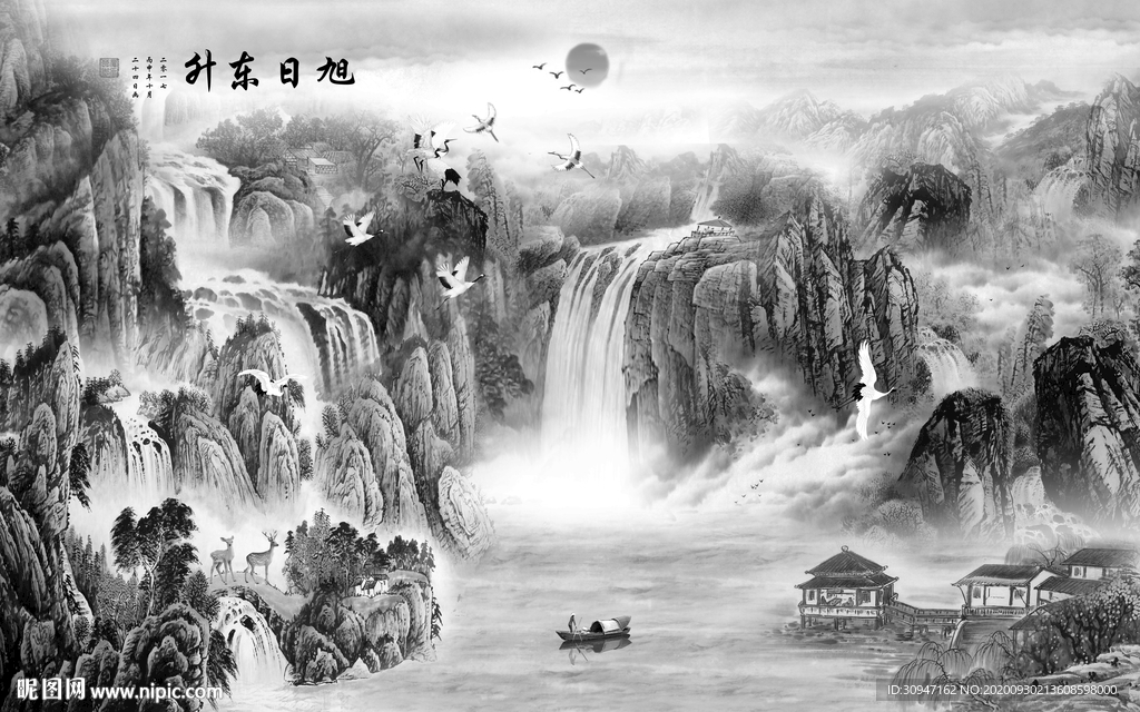 大气山水灰色框画 TIF分层