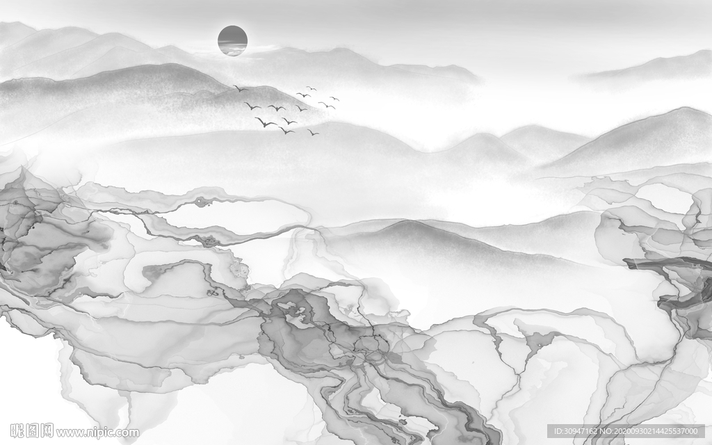 线条山水灰色框画 TIF分层