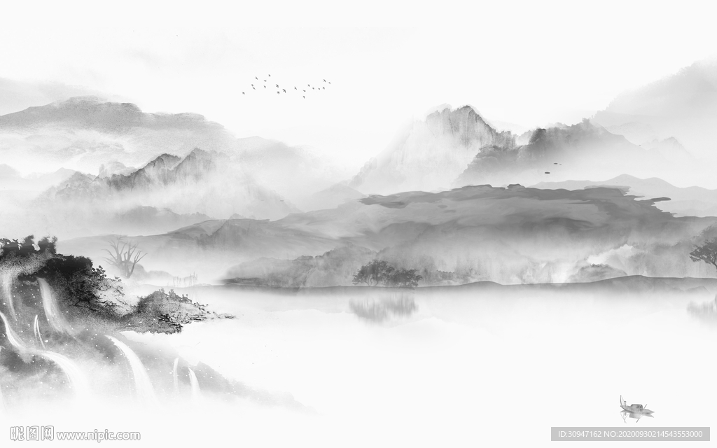 山水中式灰色框画 TIF分层