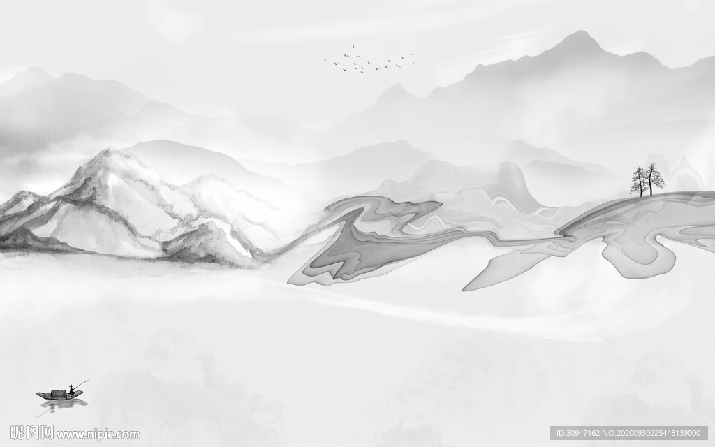 新中式灰色山水新画 TIF分层