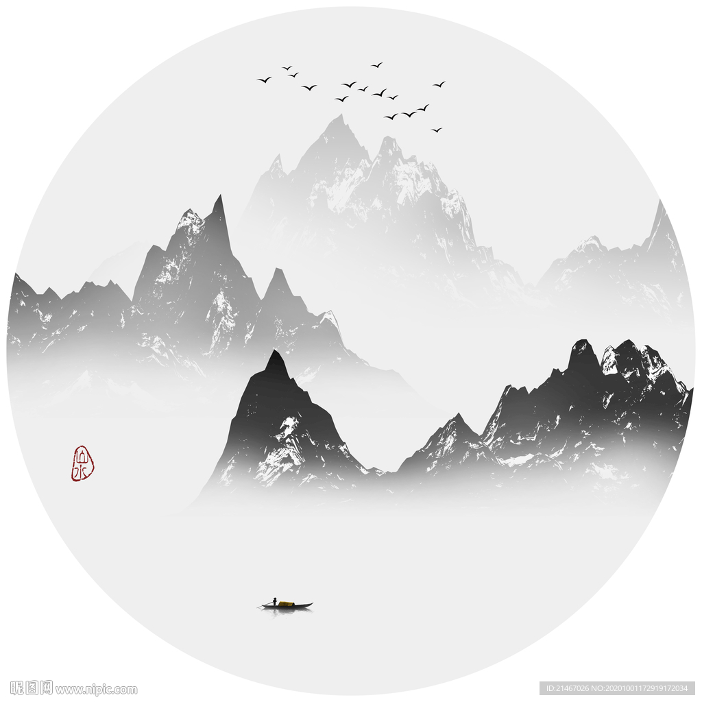圆形水墨山水画