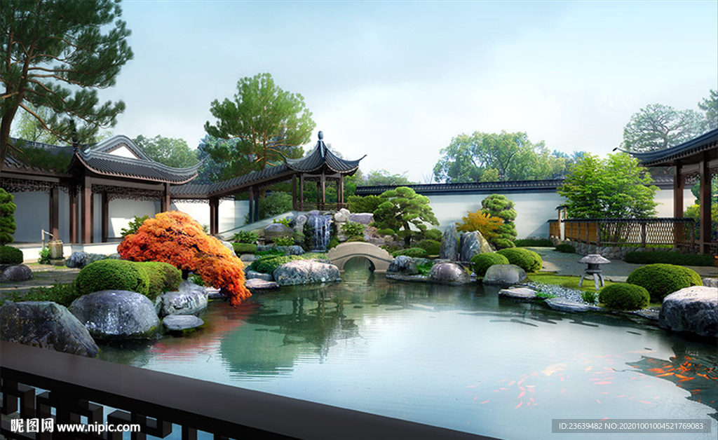 中式庭院 枯山水景观效果图