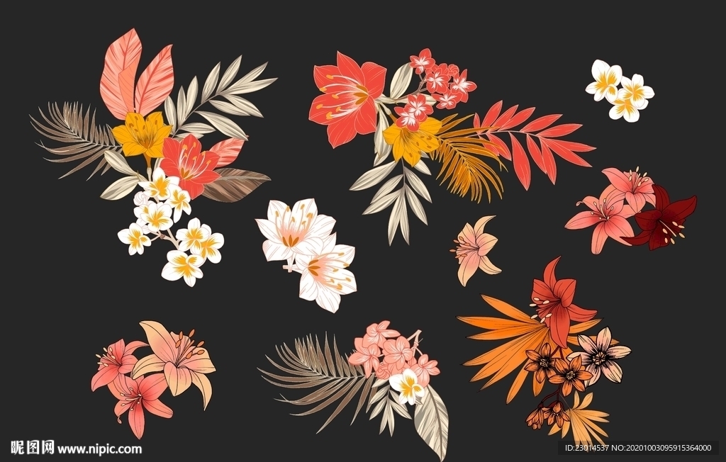 热带风手绘花卉植物分层素材