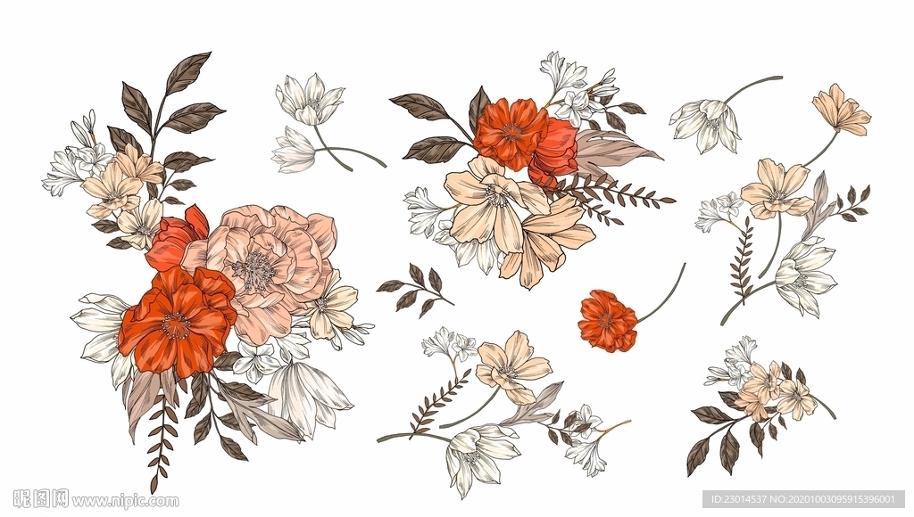北欧热带风手绘花卉分层素材