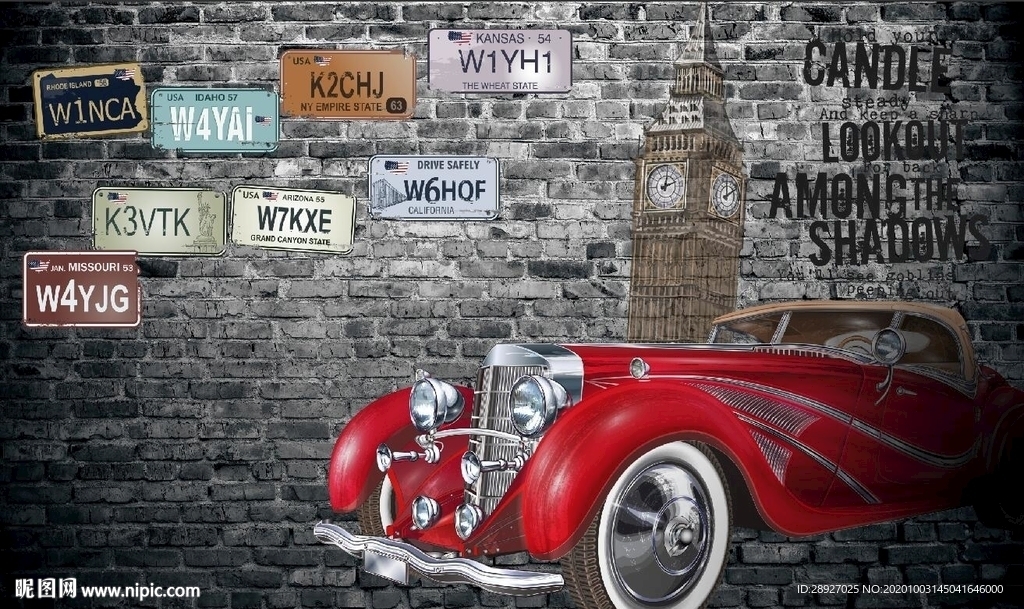 3D复古 汽车 背景墙