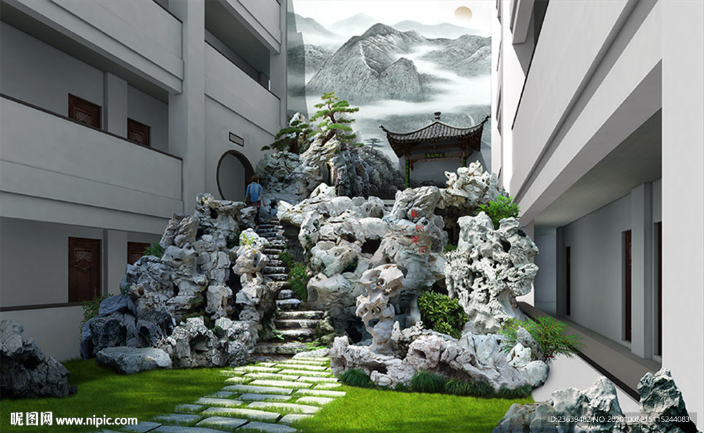 内庭太湖石假山 景观效果图