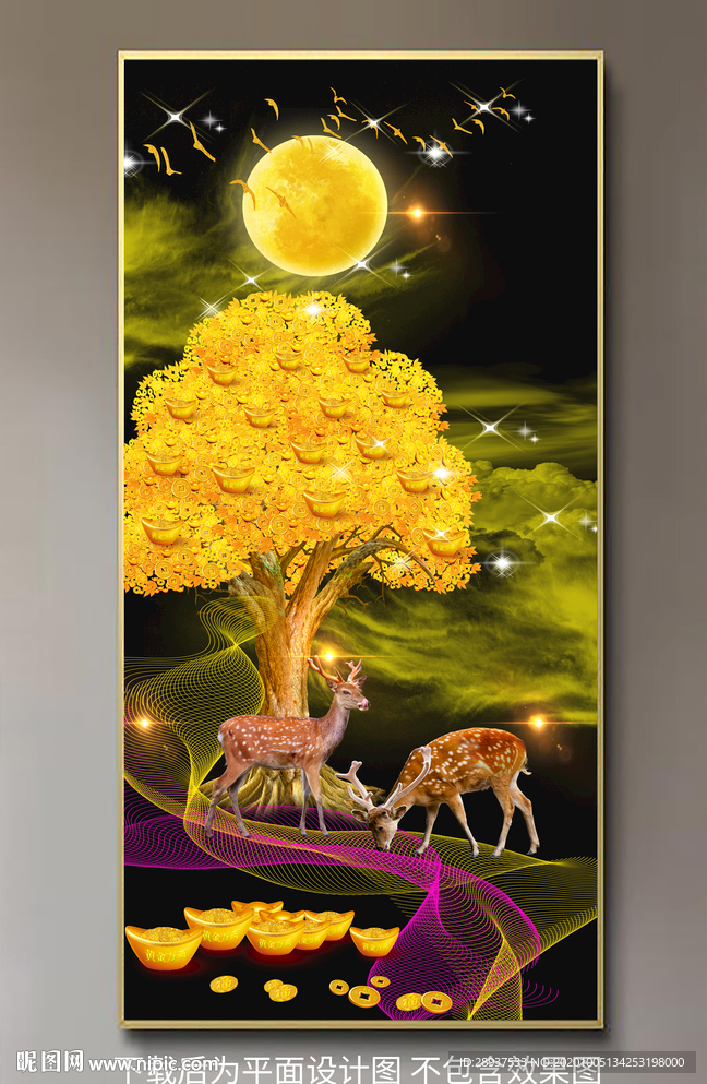 原创玄关梅花鹿发财树装饰画