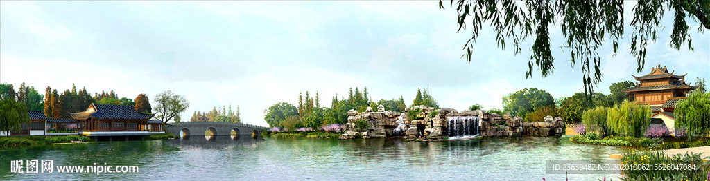 中式园林公园效果图