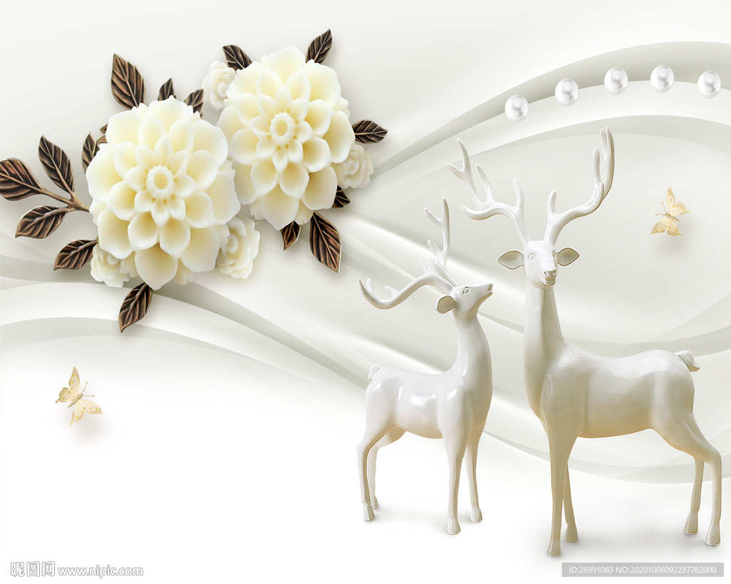 玉雕花朵和鹿时尚背景墙