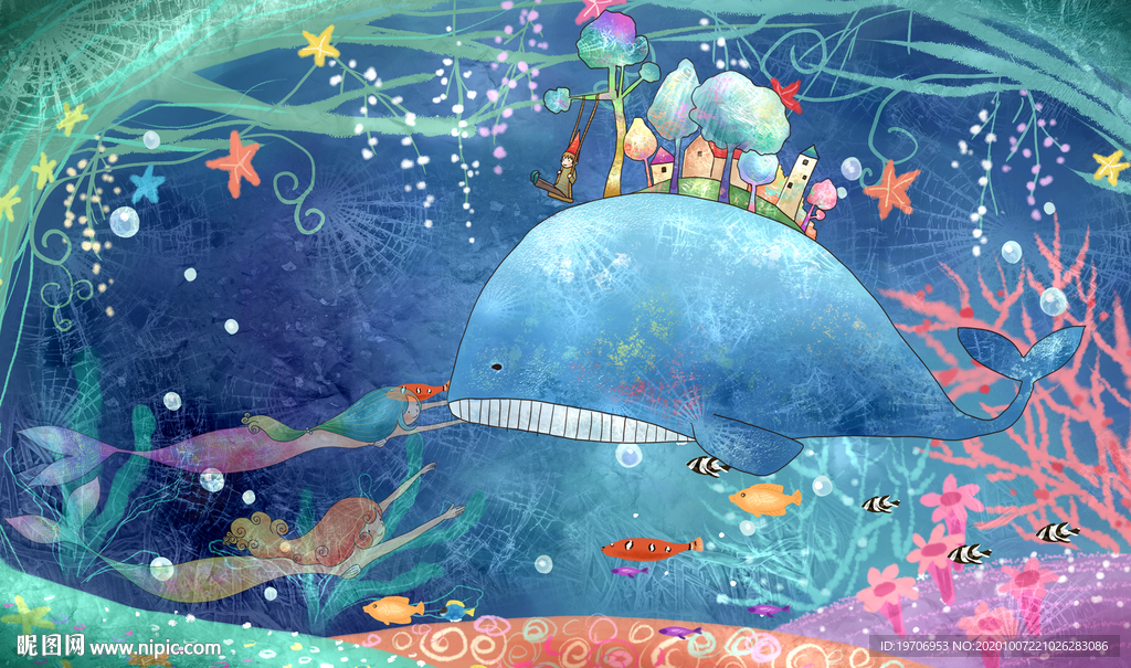 梦幻儿童房手绘卡通海底世界鱼群