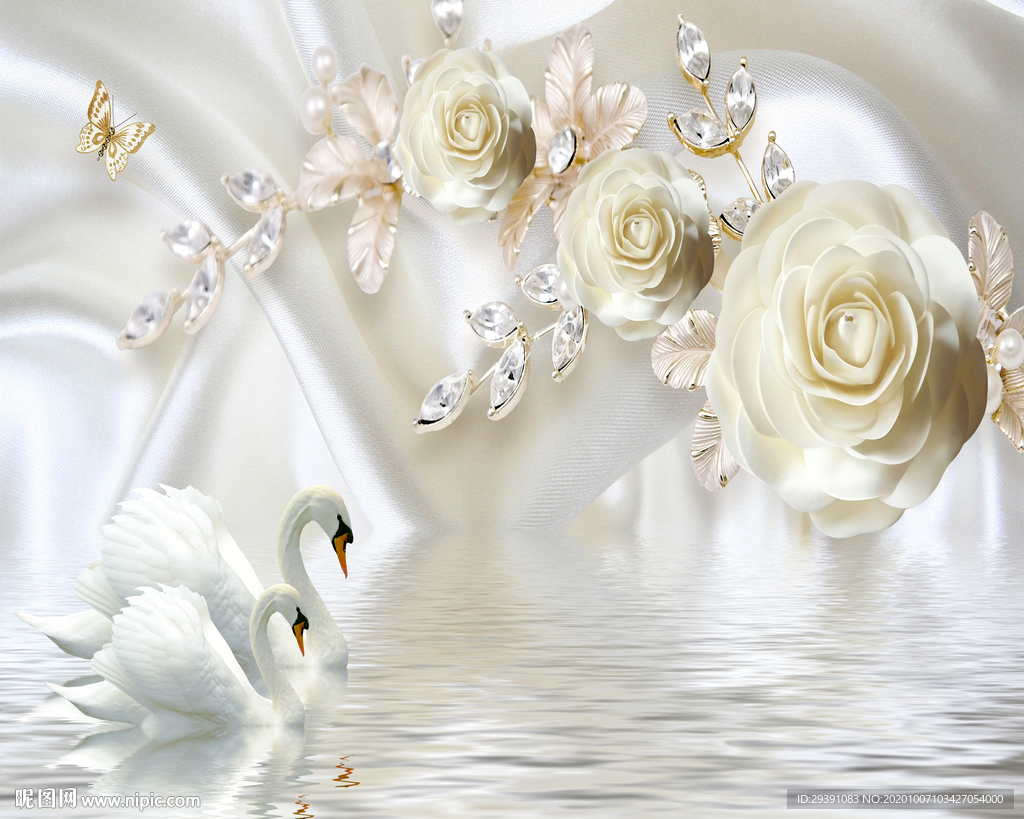 3d奢华欧式丝绸玫瑰倒影