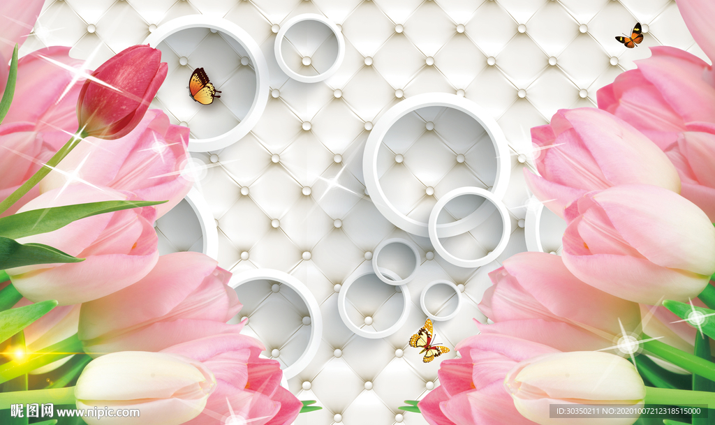 温馨百合花客厅软包背景墙