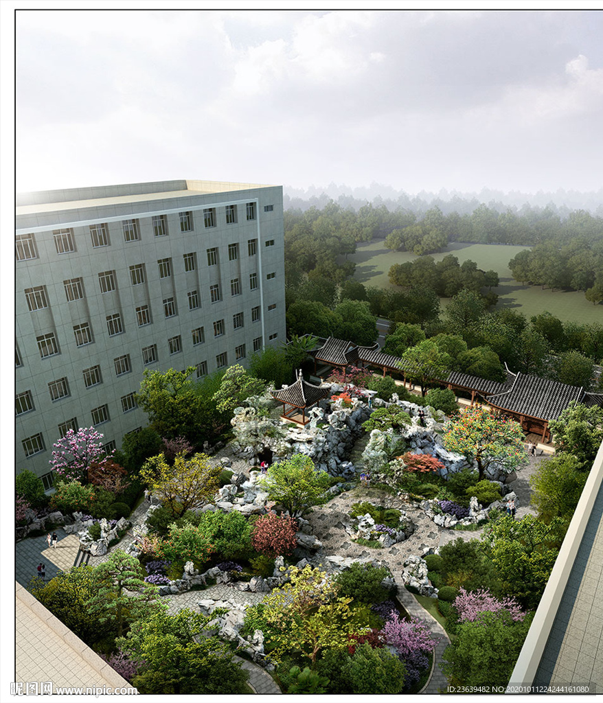 中式古建园林 景观鸟瞰图