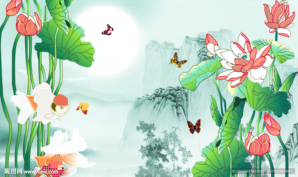 映日荷花电视背景墙装饰画