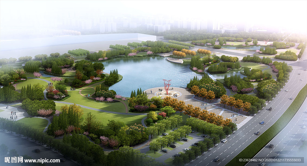 城市公园景观设计 鸟瞰效果图