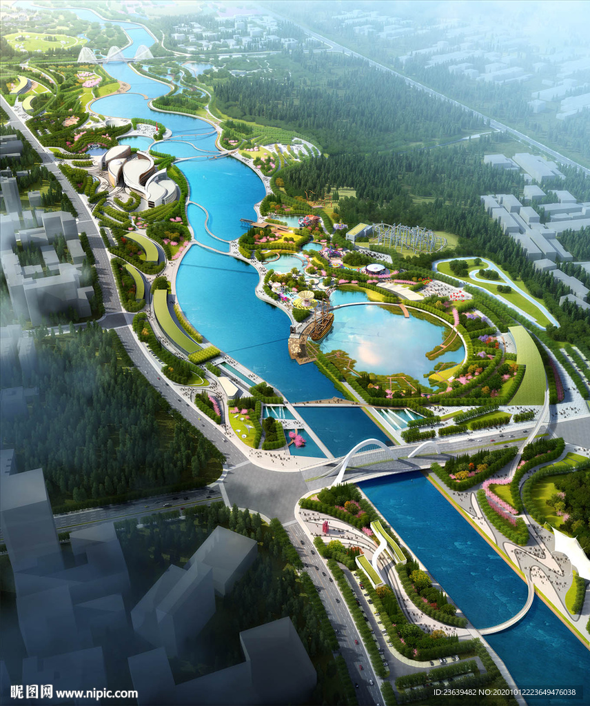 城市公园滨河景观 鸟瞰效果图
