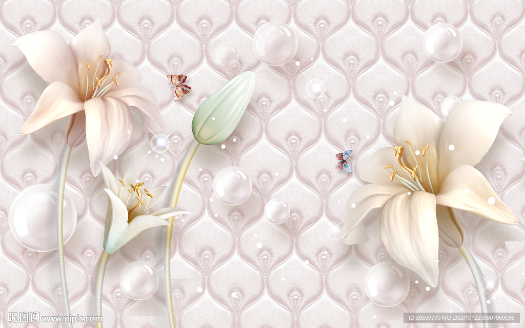 百合花电视背景墙壁画