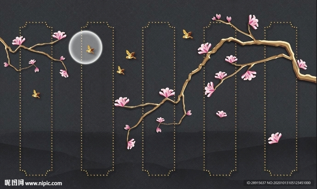 玉兰花开 月圆  花鸟