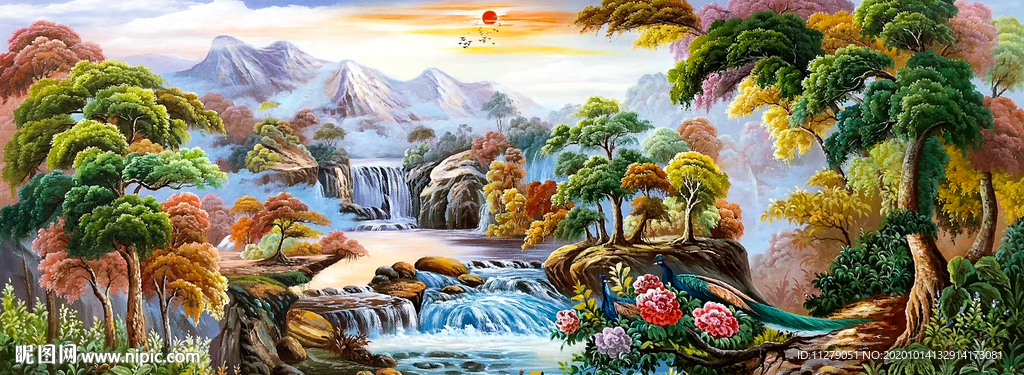 山水风景油画流水生财