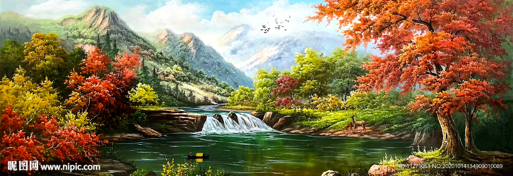 山水风景油画流水生财