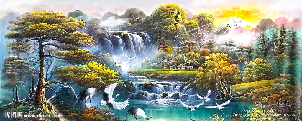 仙鹤迎客松风景招财画装饰油画