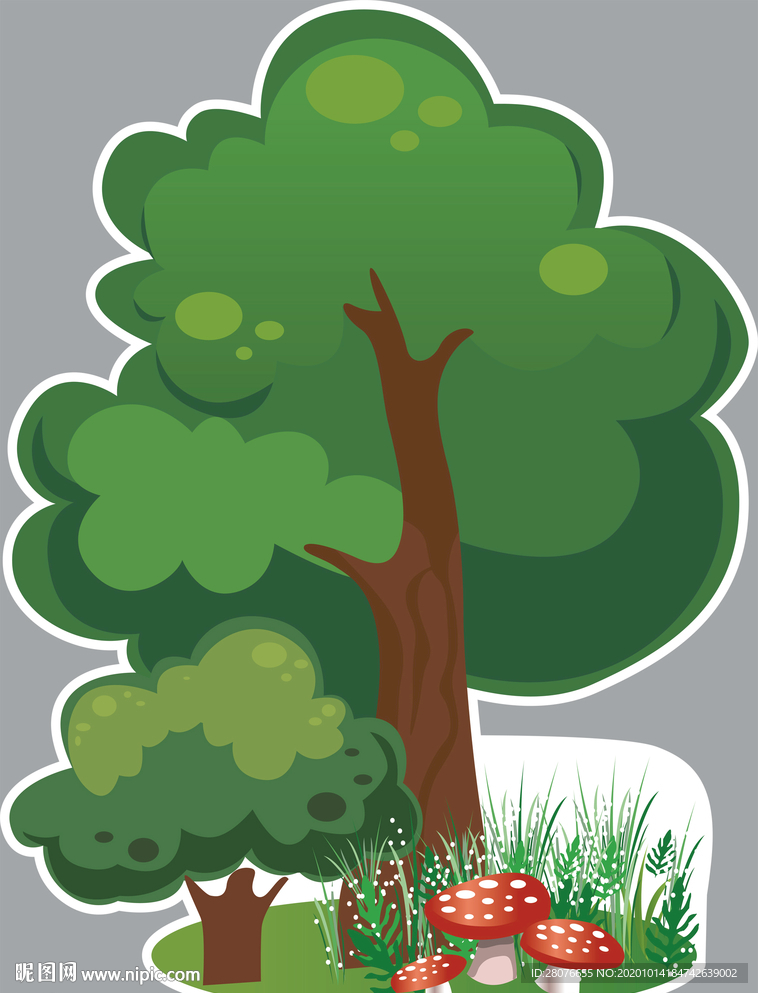 卡通大树 蘑菇 花丛
