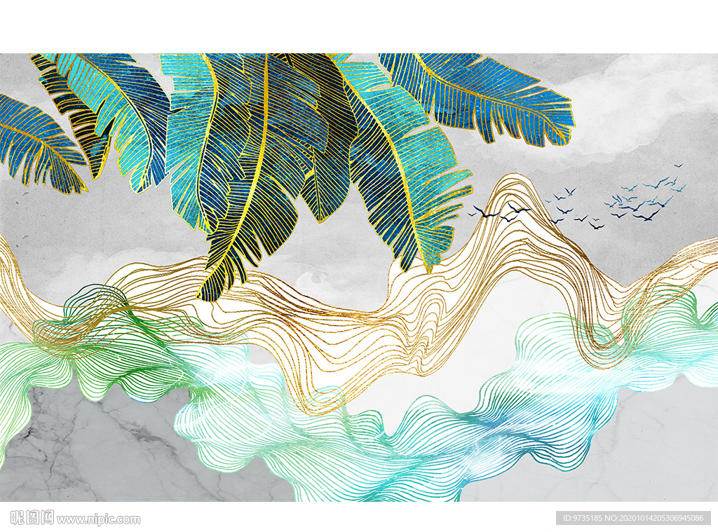 香蕉叶轻奢抽象云纹客厅壁画背景