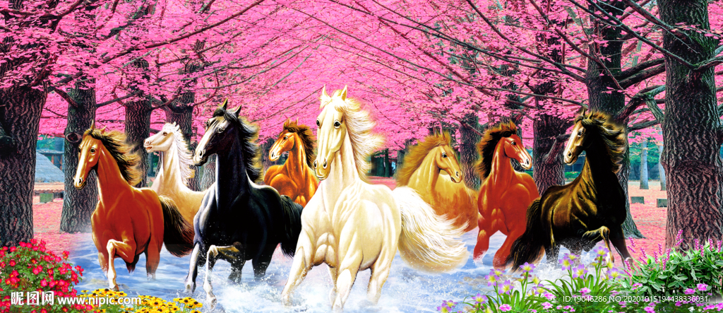 马到成功樱花树中式装饰画