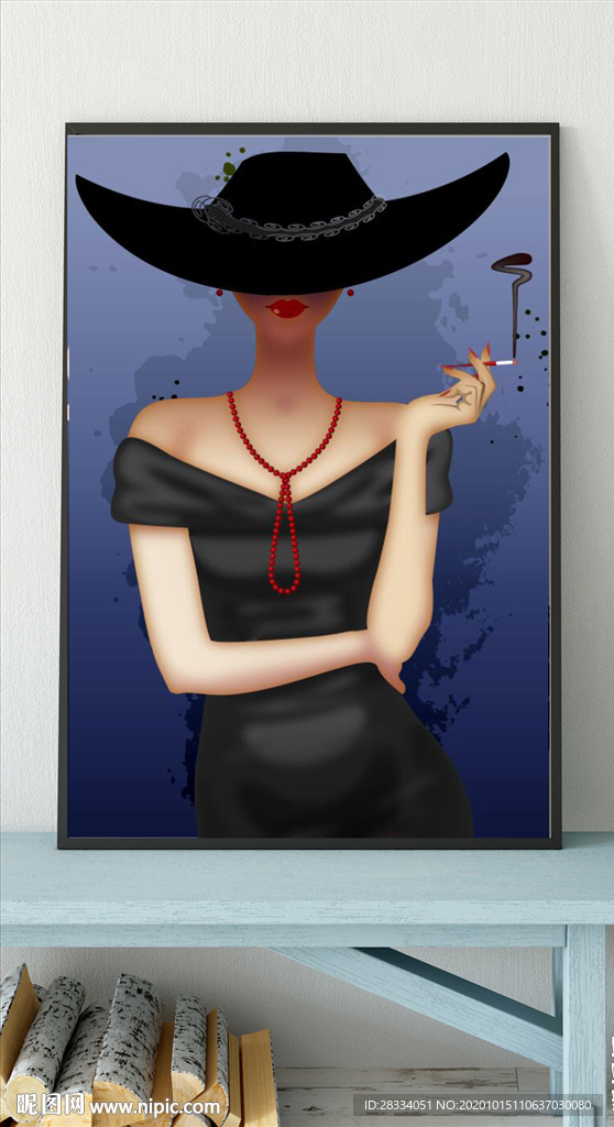 现代黑帽子时尚美女玄关装饰画