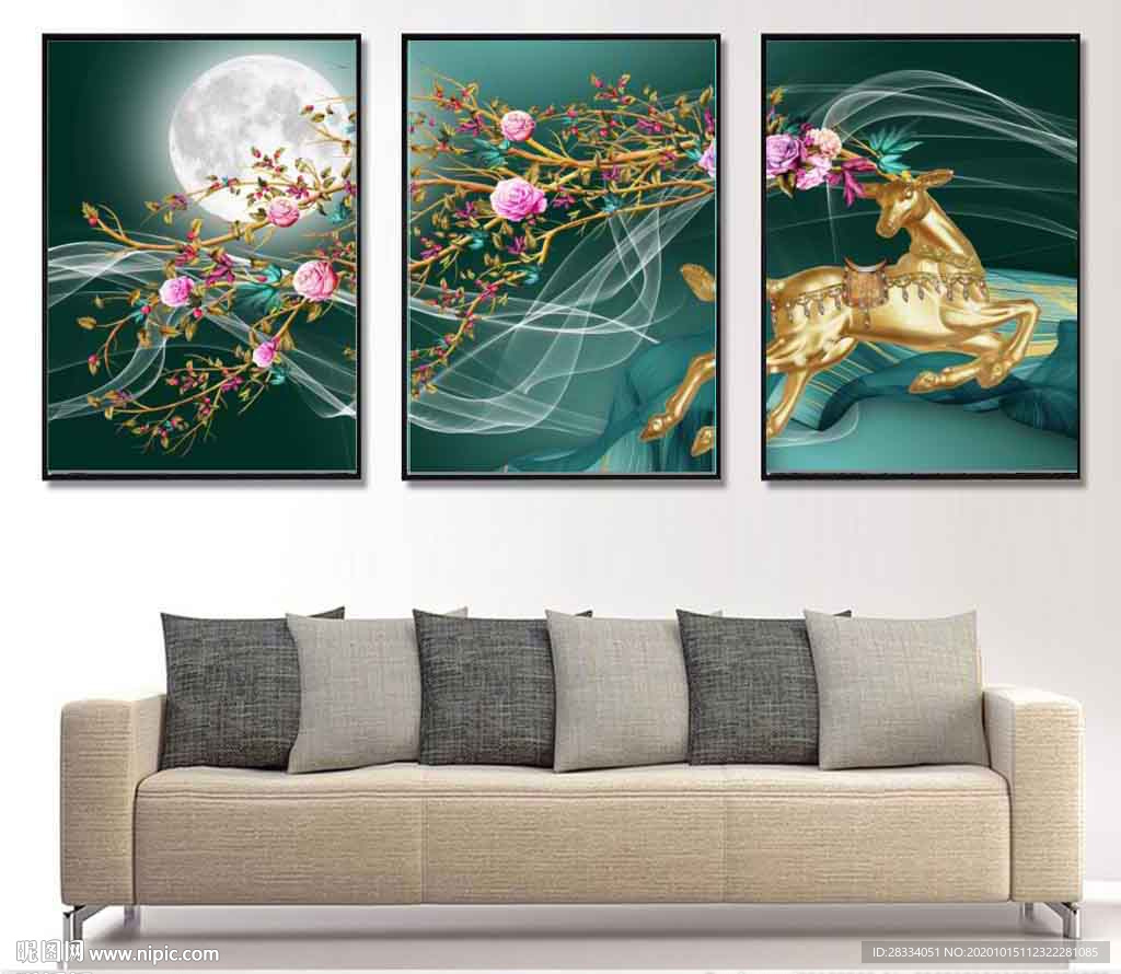 新中式轻奢金色麋鹿风景装饰无框