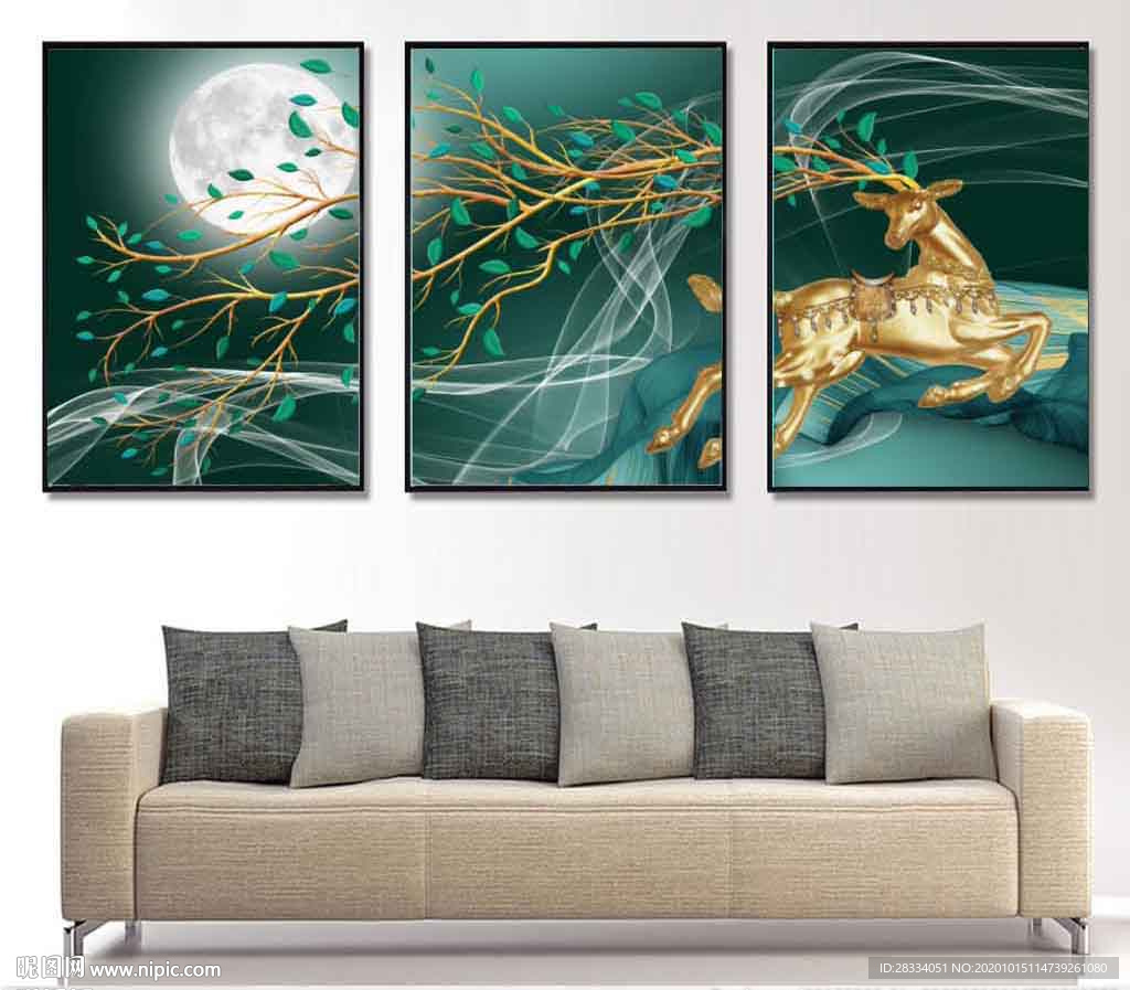 新中式轻奢金色麋鹿风景装饰无框