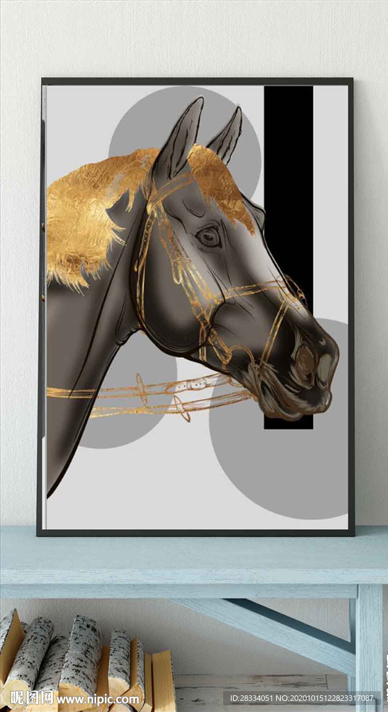 现代北欧风金色骏马玄关装饰画