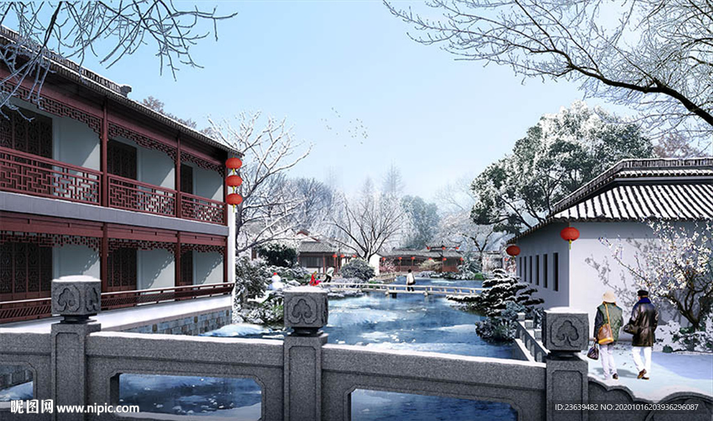 中式古建庭院雪景效果图