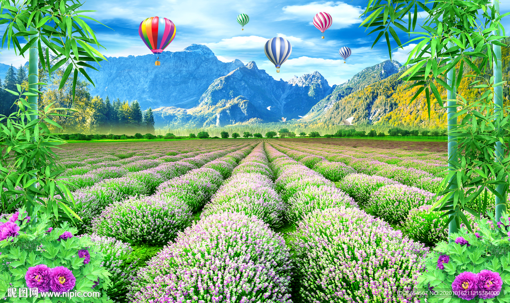 唯美3D立体木屋熏衣草美景背景