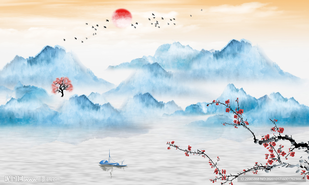 中国风轻奢山水画 tif分层