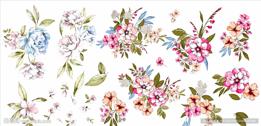 超清北欧清新风手绘花卉分层素材