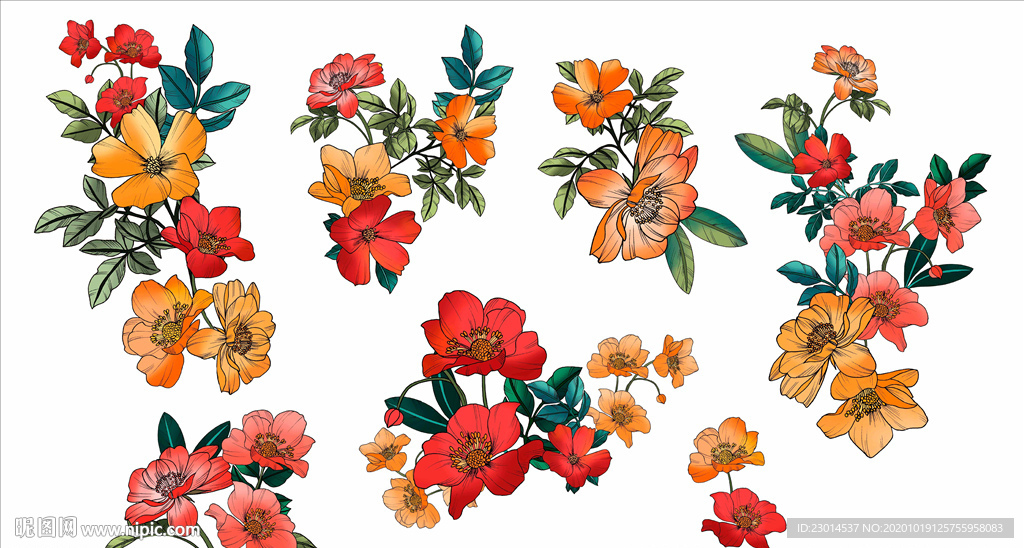 北欧热带风手绘花卉分层素材