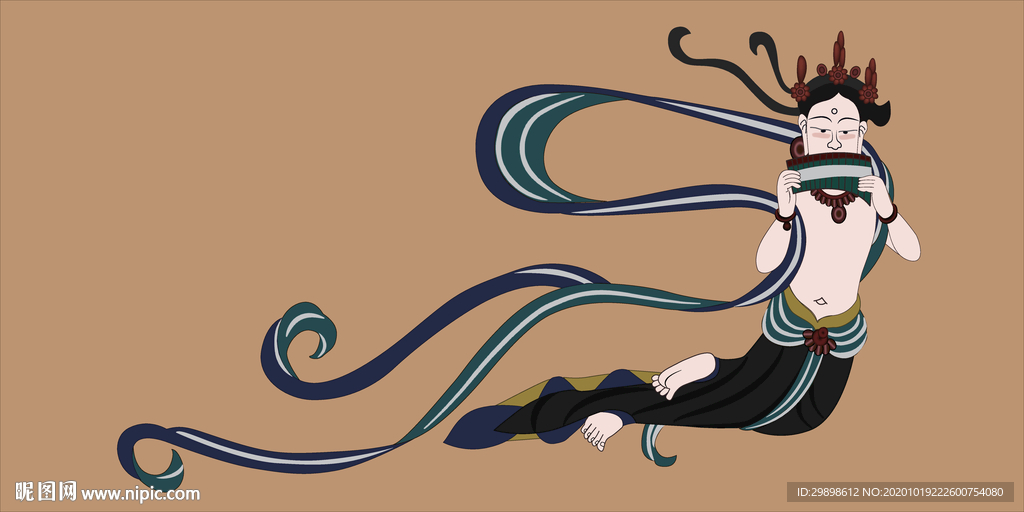 敦煌莫高窟壁画吹排萧飞天